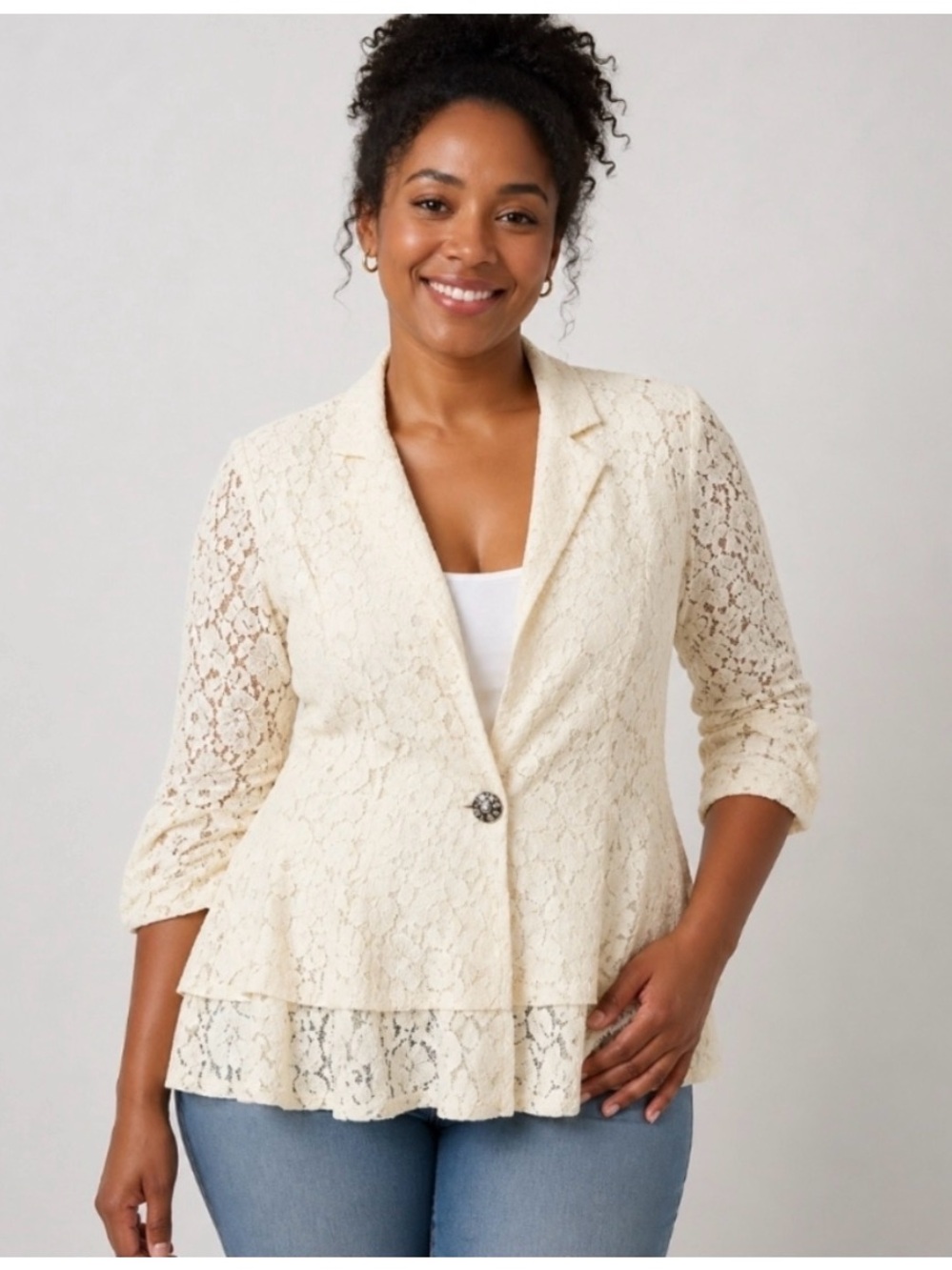 Apostrophe Y2K Lace Peplum Blazer Jacket - Cream pale pink M